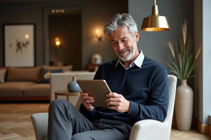 Homme consultant un projet de rénovation immobilière sur tablette dans un showroom de décoration intérieure moderne