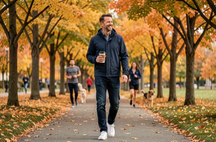 Smiling man walking in a park in autumn with a coffee, symbolizing joy and happiness in everyday life