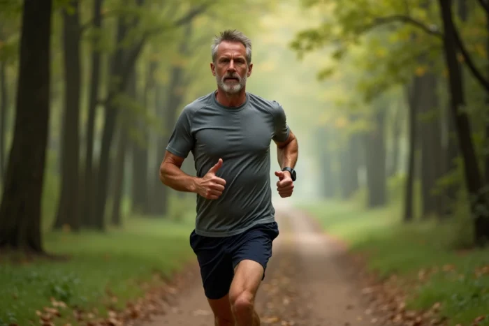 Homme en train de courir sur un sentier forestier pour améliorer ses performances sportives et sa santé