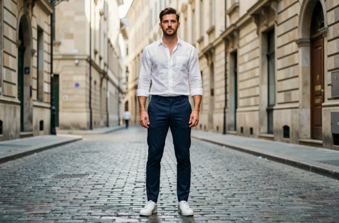 Homme stylé en tenue urbaine contemporaine posant dans une rue pavée européenne