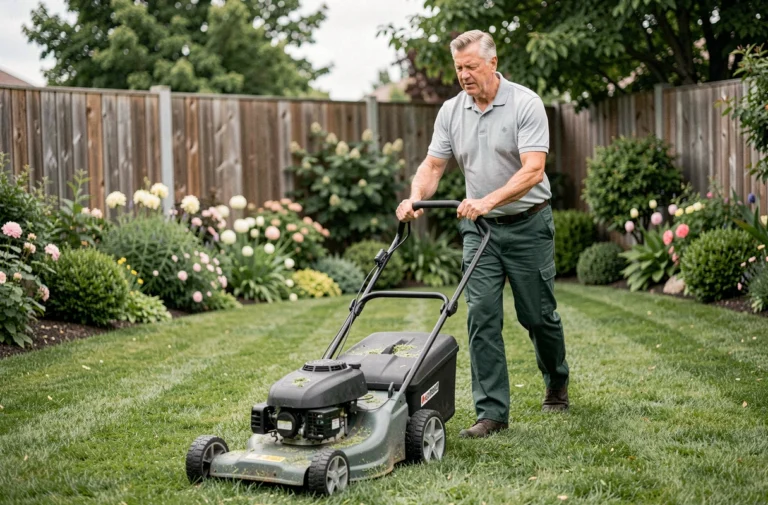 Homme utilisant une tondeuse électrique sur une pelouse verte soignée dans un jardin résidentiel