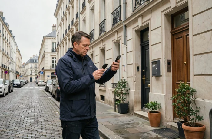 Homme vérifiant une annonce de location sur smartphone devant un immeuble résidentiel en France