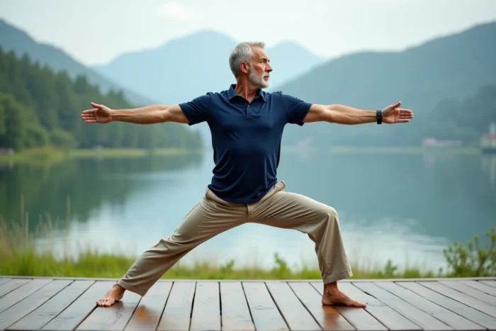 Homme d'âge moyen en position de yoga sur une terrasse en bois face à un lac paisible, symbolisant les bienfaits du yoga et de la pleine conscience pour la santé physique et mentale