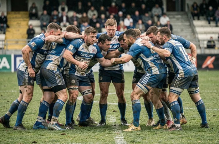 Joueurs de rugby amateurs en huddle avant un match décisif de Fédérale 3 pour la montée