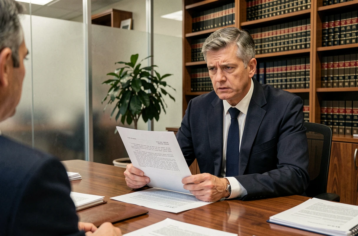 Homme en costume consultant un document juridique dans un cabinet d'avocats, évoquant les implications légales de l'accès à des informations divulguées