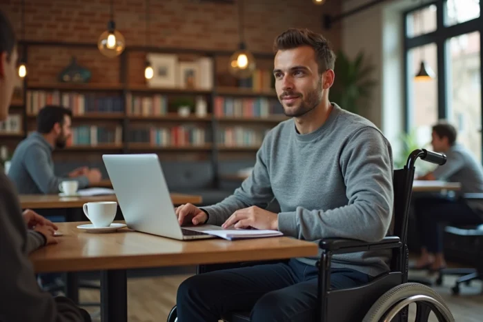 Jeune homme en fauteuil roulant travaillant sur ordinateur portable dans un espace de coworking inclusif et accessible