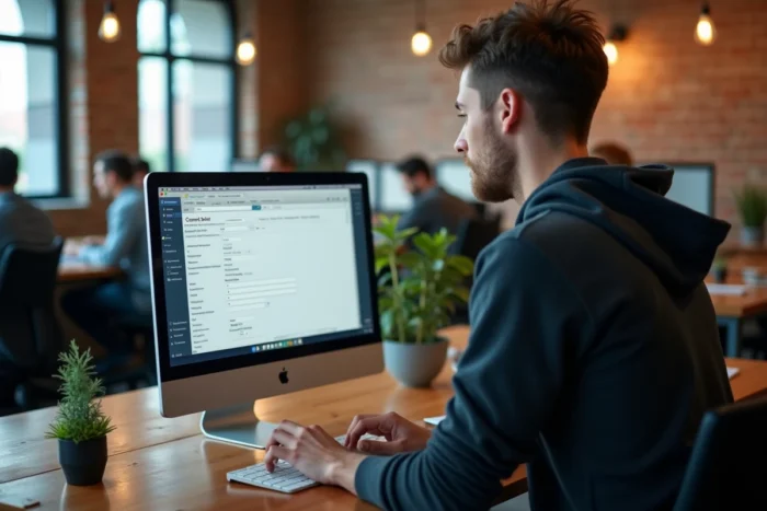 Jeune travailleur indépendant modifiant ses informations sur le site Urssaf dans un espace de coworking