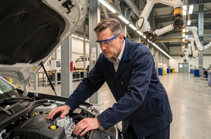 Ingénieur automobile inspectant le moteur d'un SUV hybride dans une usine de fabrication moderne en Allemagne