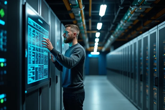 Ingénieur interagissant avec une interface numérique dans une salle de serveurs pour piloter l'innovation technologique