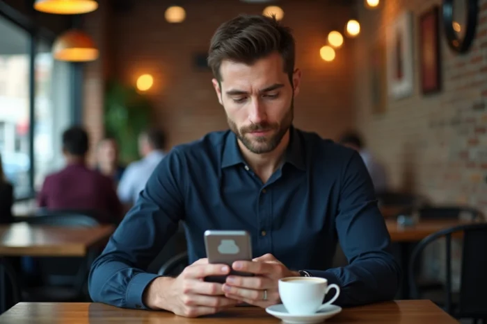 Homme consultant son smartphone pour créer un compte X sans numéro de téléphone dans un café urbain