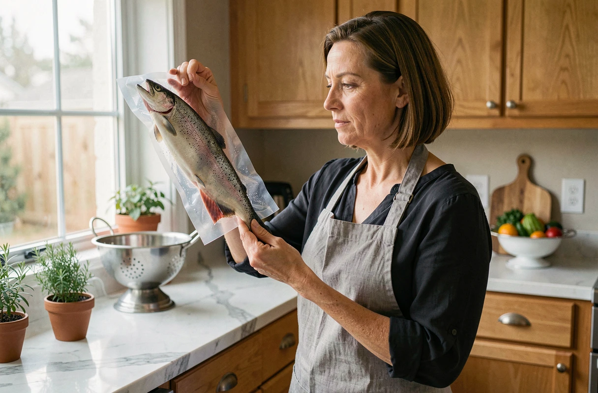 Femme inspectant soigneusement l'emballage sous vide d'une truite fraîche dans une cuisine domestique moderne