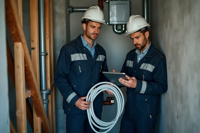 Deux plombiers installant et mesurant un réseau RIBO-T dans un couloir technique de maison en construction