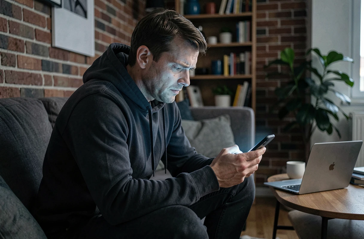 Jeune homme lisant des informations sur son smartphone à domicile avec une expression inquiète, symbolisant les interrogations sur la légalité des fuites consultées en ligne