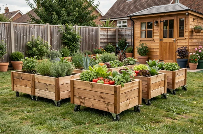 Jardinières surélevées mobiles sur roulettes remplies de légumes et d'herbes aromatiques, posées sans ancrage sur une pelouse au-dessus d'une fosse septique