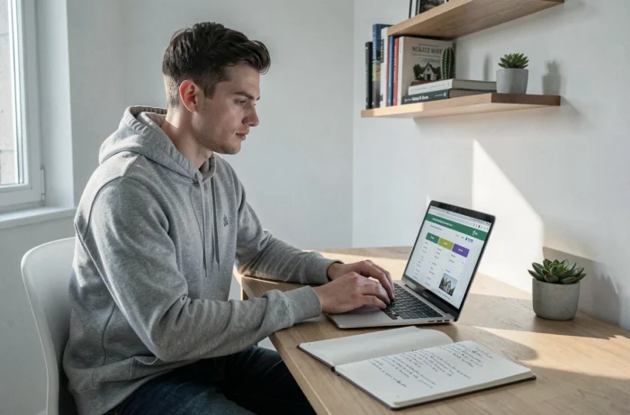 Jeune homme comparant des offres de crédit immobilier sur son ordinateur portable dans un bureau à domicile