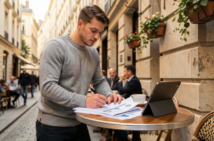 Jeune entrepreneur consultant des ressources BusiBoost sur une terrasse de café pour développer son activité professionnelle