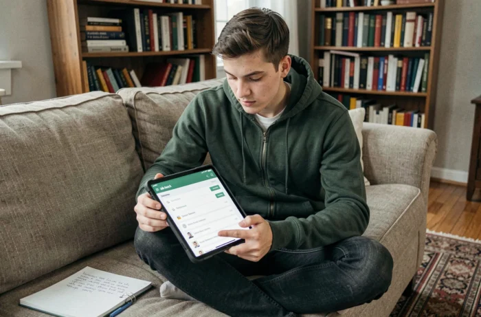 Jeune professionnel consultant le plan d'un site d'offres d'emploi sur tablette dans un salon