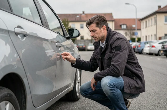 Journaliste automobile examinant le sigle SR sur le flanc d'une compacte en milieu urbain