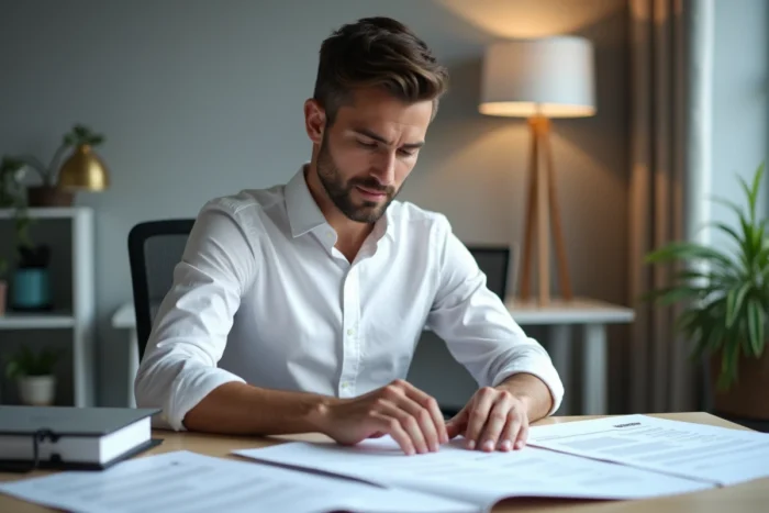 Un homme constituant un kit de candidature complet avec CV, lettre de motivation et portfolio sur son bureau