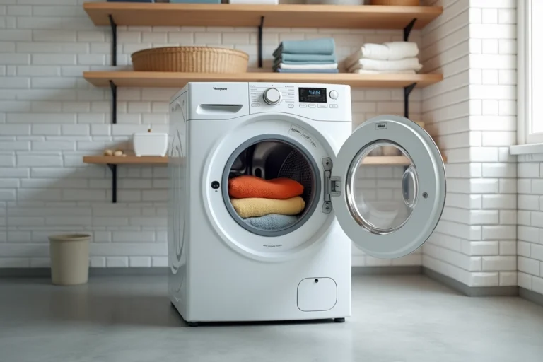 Lave-linge Whirlpool 6th Sense 9kg en acier blanc dans une buanderie moderne avec carrelage métro et sol en béton ciré
