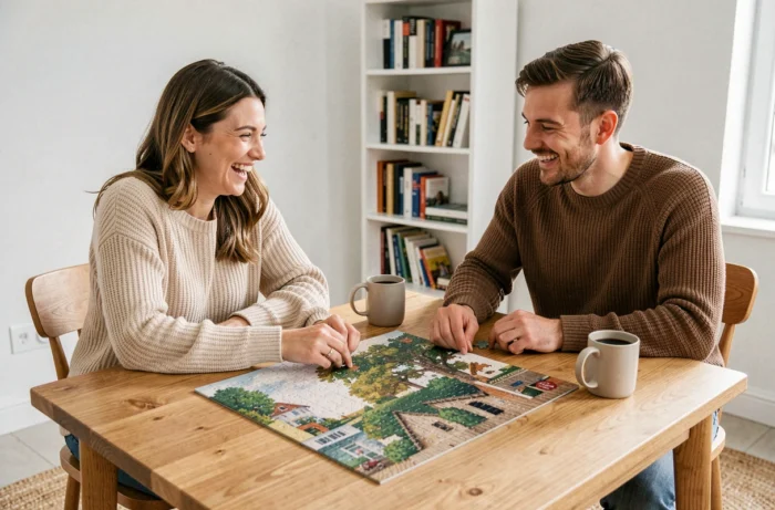 Deux amis assemblant un puzzle sur une table en bois dans un appartement moderne et cosy lors d'un week-end détendu