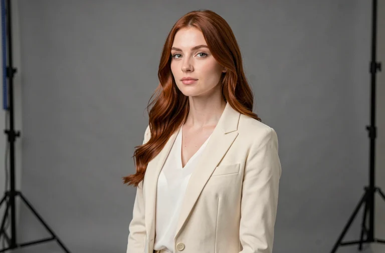 Mannequin russe professionnelle posant dans un studio photo moderne avec un blazer crème et une expression confiante