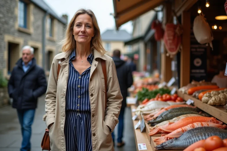 Marché breton animé avec une femme en marinière parcourant les étals de produits régionaux dans une ville côtière de Bretagne