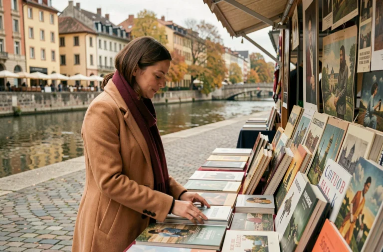 Femme parcourant un marché culturel en plein air sur les quais de Saône à Lyon en automne
