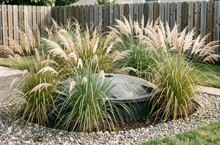 Massif de graminées ornementales comme le miscanthus et le pennisetum disposés en périphérie de cuve de fosse septique pour créer un écran végétal décoratif