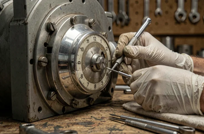 Gros plan sur le mécanisme d'un coffre-fort en cours de réparation avec outils de serrurier