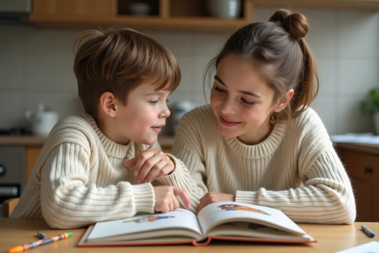 Une mère accompagne son fils de 8 ans dans la lecture d'un livre illustré à la table de la cuisine, illustrant l'accompagnement parental au quotidien