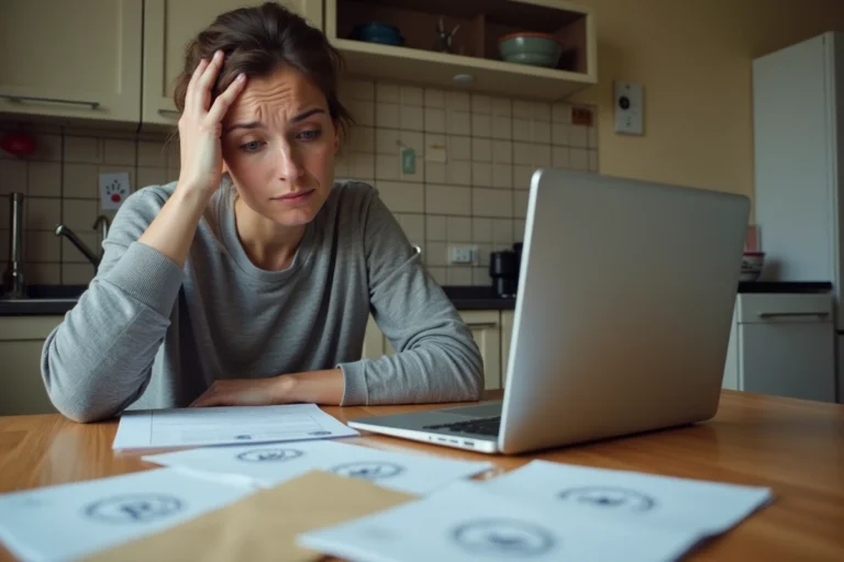 Mère de famille stressée face à des documents administratifs de la CAF sur une table de cuisine, symbolisant la suppression de l'ASF