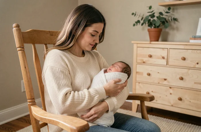 Jeune mère tenant son nouveau-né emmailloté dans une chambre de bébé chaleureuse et apaisante