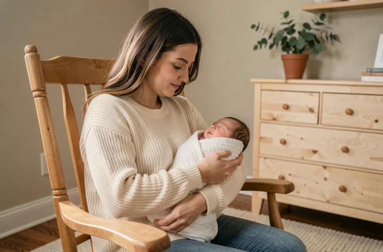 Jeune mère tenant son nouveau-né emmailloté dans une chambre de bébé chaleureuse et apaisante