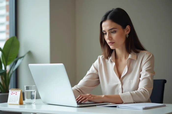 Une femme rédigeant un message de relance systématique à J+7 sur son ordinateur avec un calendrier annoté à côté