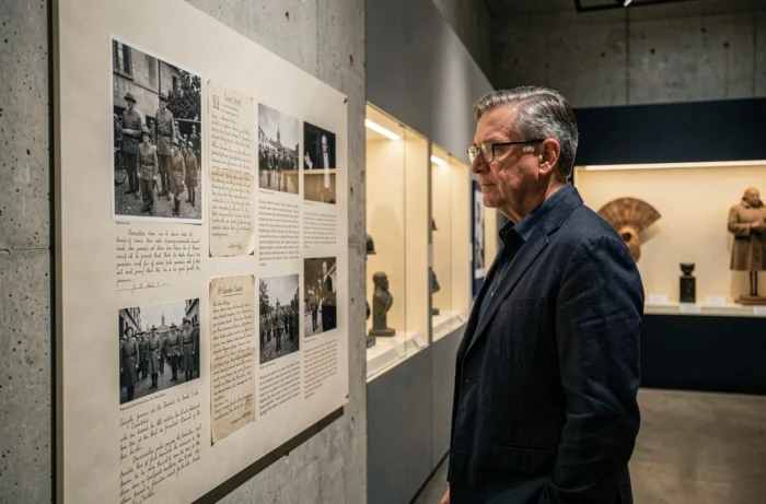 Visitor contemplating the exhibition panels of the Museu Memorial de l'Exili (MUME) dedicated to the history of Spanish exile and the Maquis movement