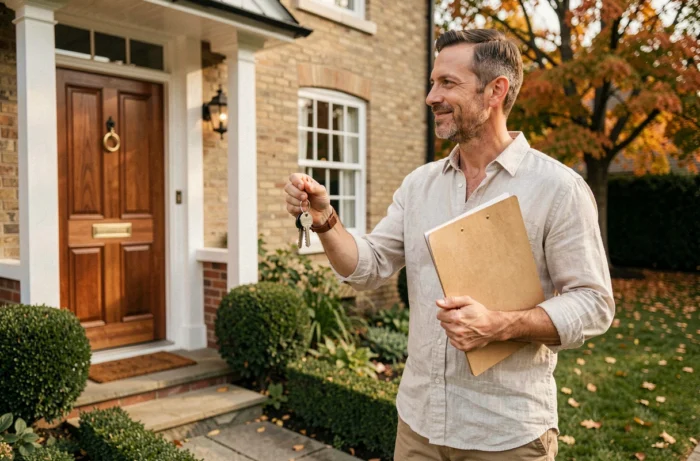 Propriétaire tenant les clés de sa nouvelle maison devant le porche avec jardin en automne