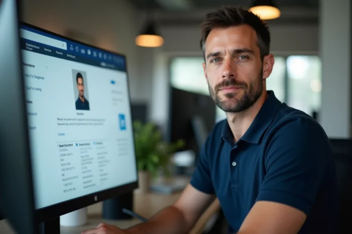 Un homme optimisant son profil LinkedIn devant un écran affichant une page de profil professionnel complète