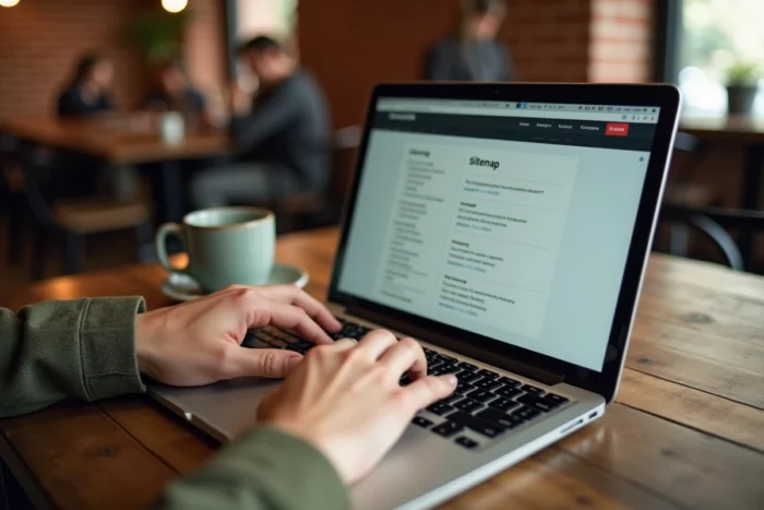 Mains tapant sur un ordinateur portable affichant une page sitemap de site web dans un café avec murs en briques