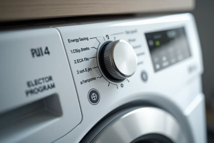 Gros plan sur le panneau de commande numérique d'un lave-linge Whirlpool 6th Sense avec sélecteur de programme éco et affichage LCD