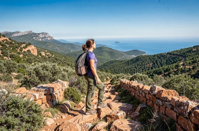 Hiker observing the panorama from a rocky path in the Albères Natural Park with views of the wooded hills and the Mediterranean in the distance