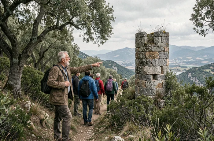 Historical guide explaining the history of border crossings to a group of hikers on a memory trail in the Pyrenees near La Jonquera