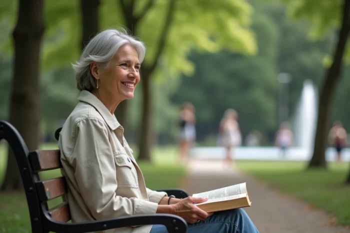 Une femme épanouie assise seule dans un jardin public, lisant paisiblement et savourant sa solitude sans anxiété