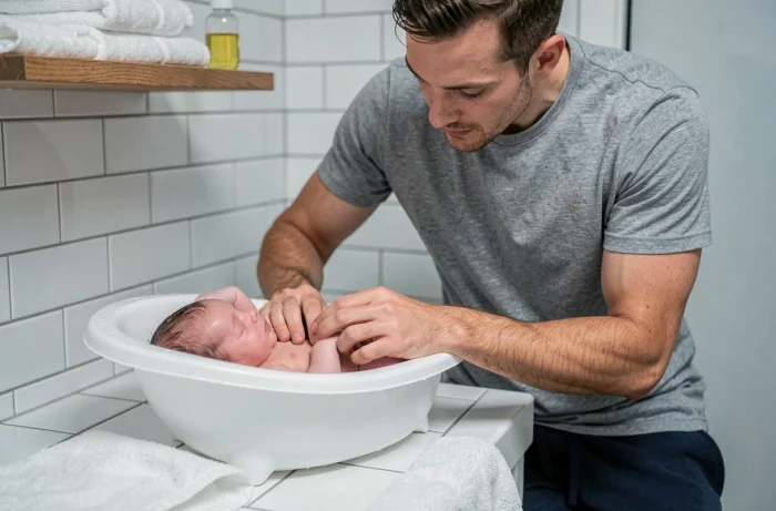 Père donnant le bain à son nouveau-né dans une salle de bain familiale propre et organisée