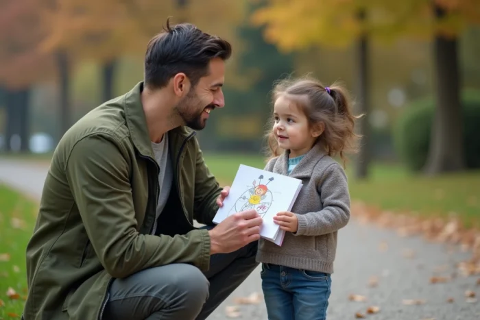 Un père accroupi écoute attentivement sa fille de 6 ans lui montrer son dessin dans un parc urbain, symbolisant l'écoute active dans l'accompagnement parental