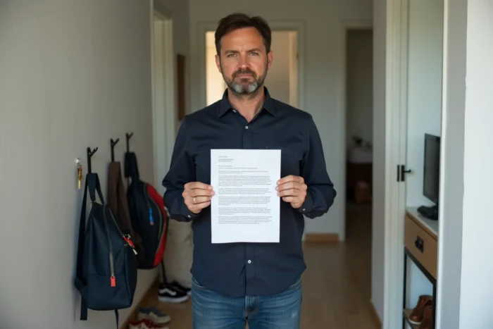 Père de famille monoparentale tenant un courrier officiel de la CAF dans le couloir de son appartement, illustrant l'impact de la suppression de l'ASF