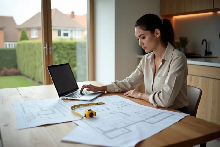 Femme consultant des plans de maison pour dimensionner un réseau RIBO-T adapté à son habitation