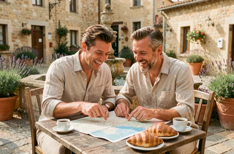 Couple planifiant leurs vacances en France autour d'une carte dans un village provençal