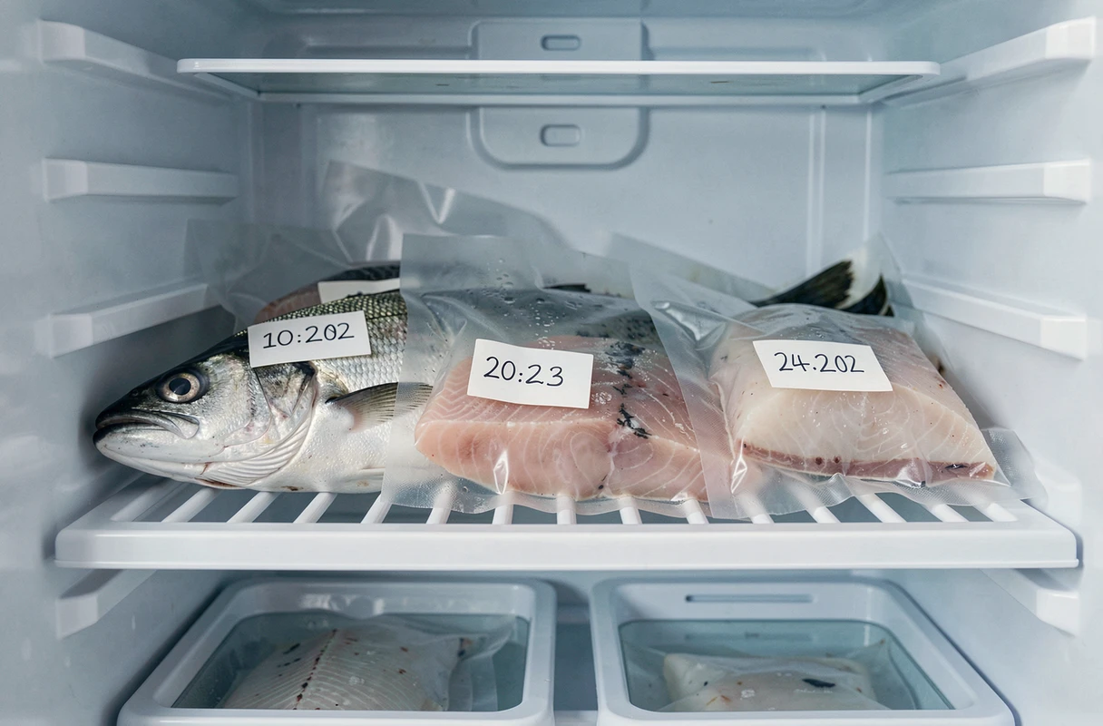 Réfrigérateur domestique bien organisé avec des portions de poisson sous vide étiquetées et rangées sur une étagère