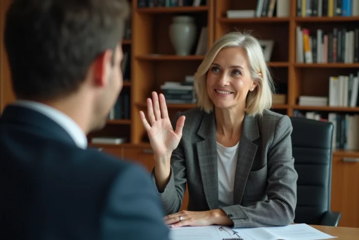 Une femme posant clairement ses limites lors d'une conversation professionnelle avec un collègue masculin